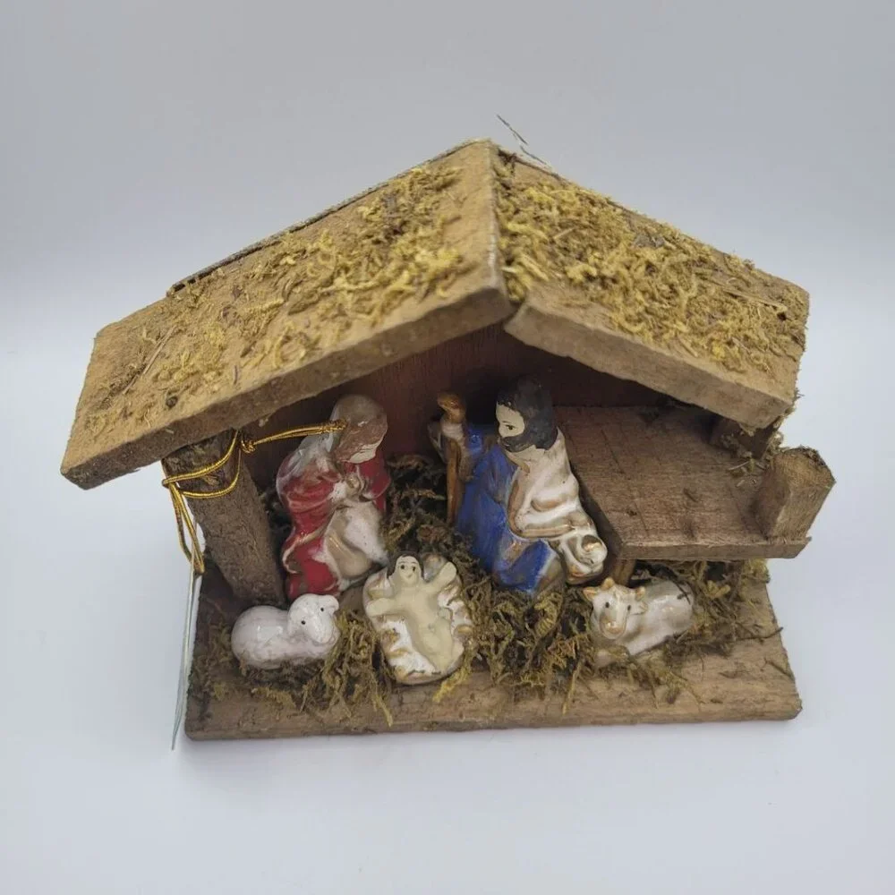 Christmas House Rustic‎ Nativity Wooden Porcelain Moss Mary Joseph Baby Jesus